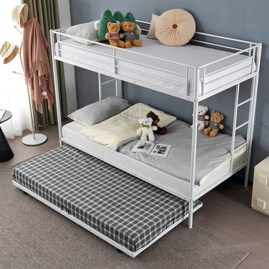 Hausora Kids Twin over Twin Bunk Bed with Trundle, Heavy Duty Metal Bed Frame with Safety Rail Side Ladders for Dormitory Bedroom Boys Girls Adults,No Box Spring Needed (White)