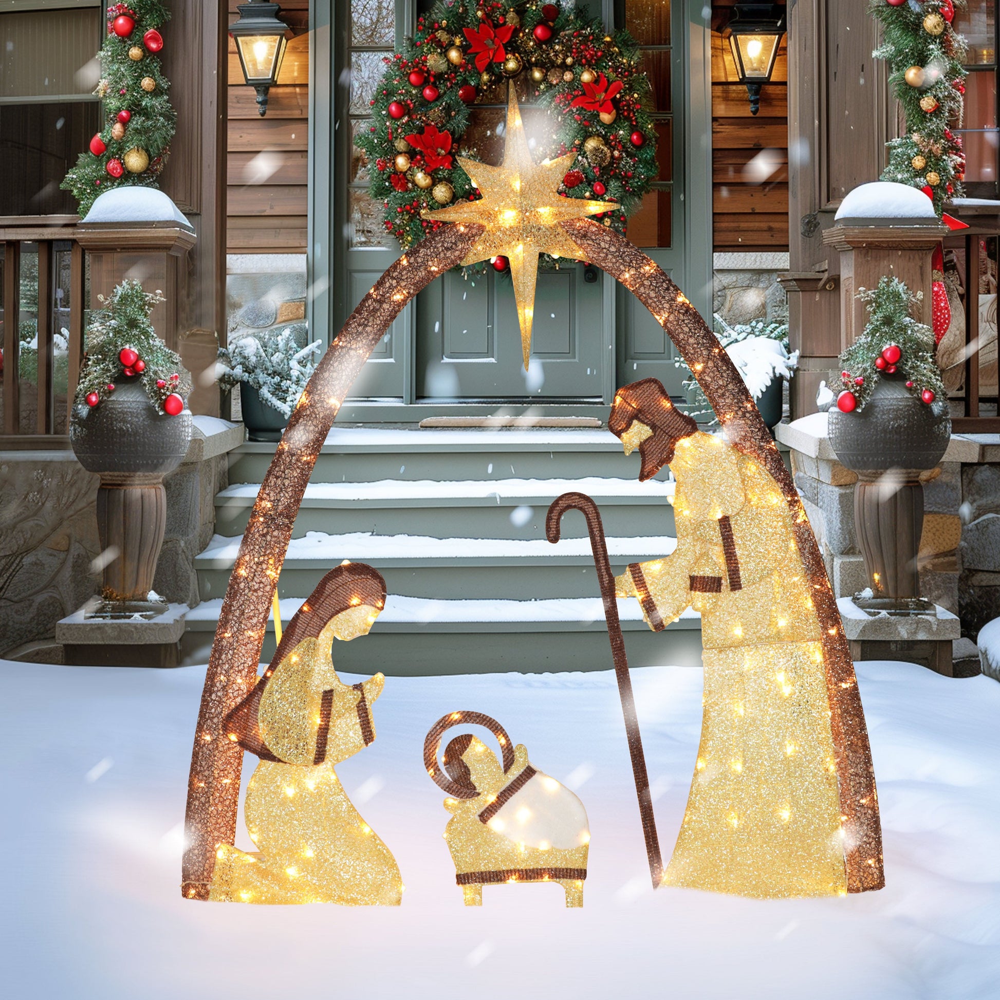 5Ft Lighted Nativity Scene Outdoor Christmas Decor Indoor Holiday Yard Decor Nativity Set W/ Lights, Gold