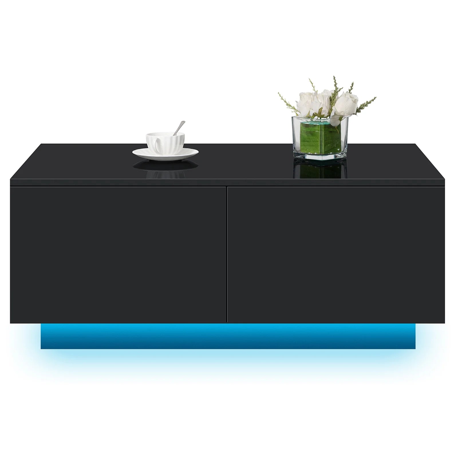 Hausora Living Room LED Coffee Table with 4 Drawers Center Cocktail Side Table Black High Gloss Finish