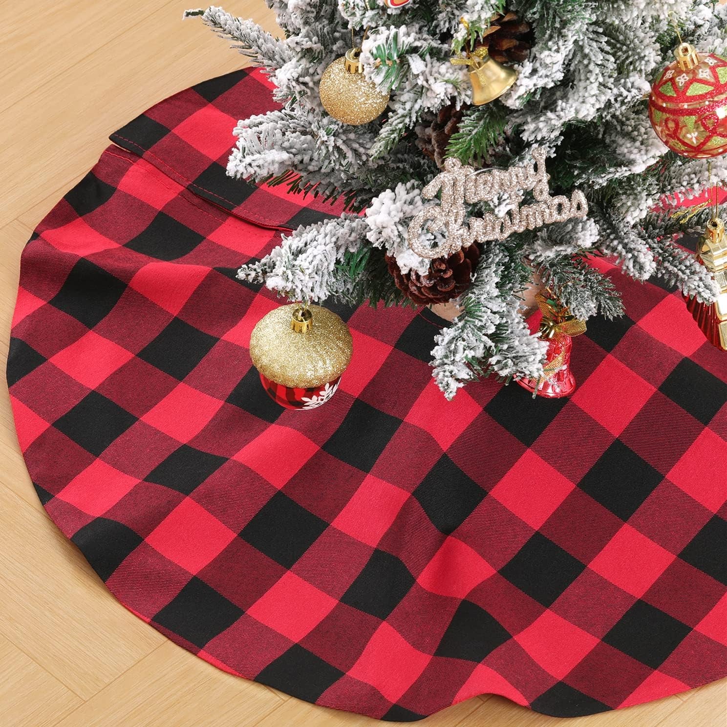 Hausora Decorative Christmas Tree Skirt Red Black Buffalo Plaid Tree Skirt Small 24 Inch Cotton Linen Fabric