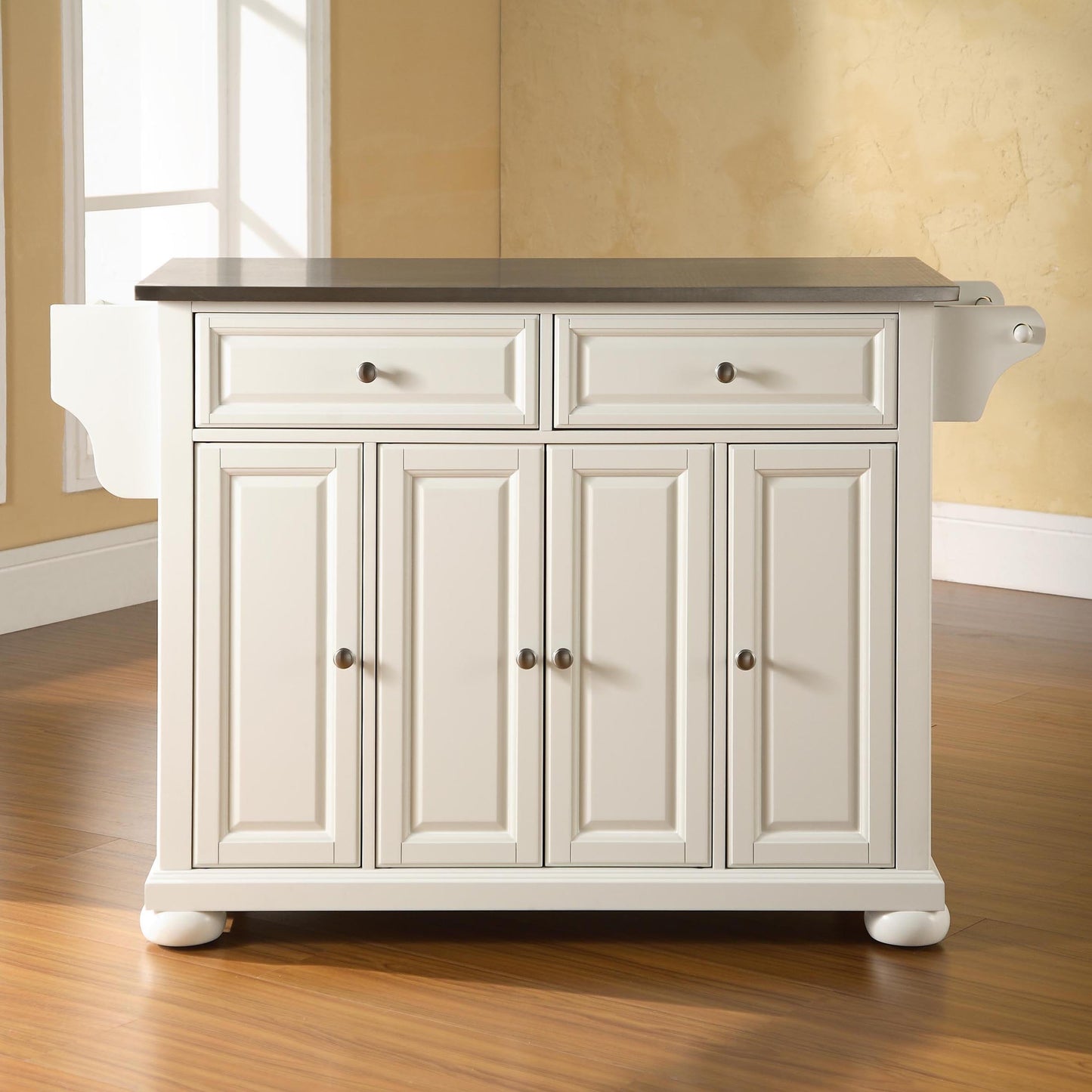 Alexandria Wood Kitchen Island in White/Silver