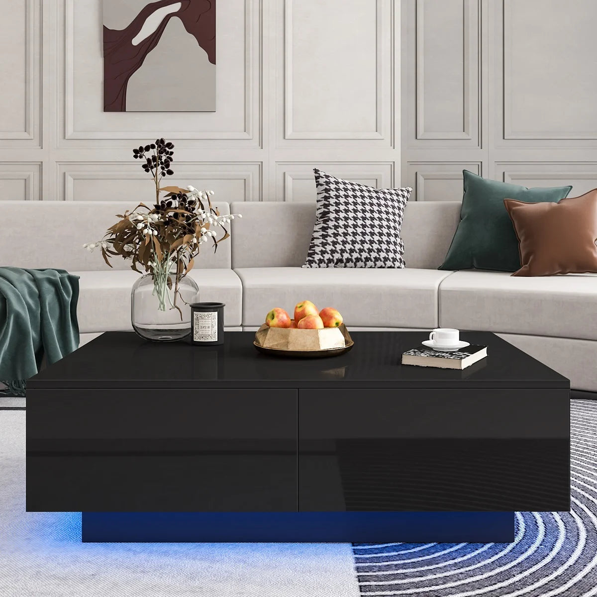 Hausora Living Room LED Coffee Table with 4 Drawers Center Cocktail Side Table Black High Gloss Finish