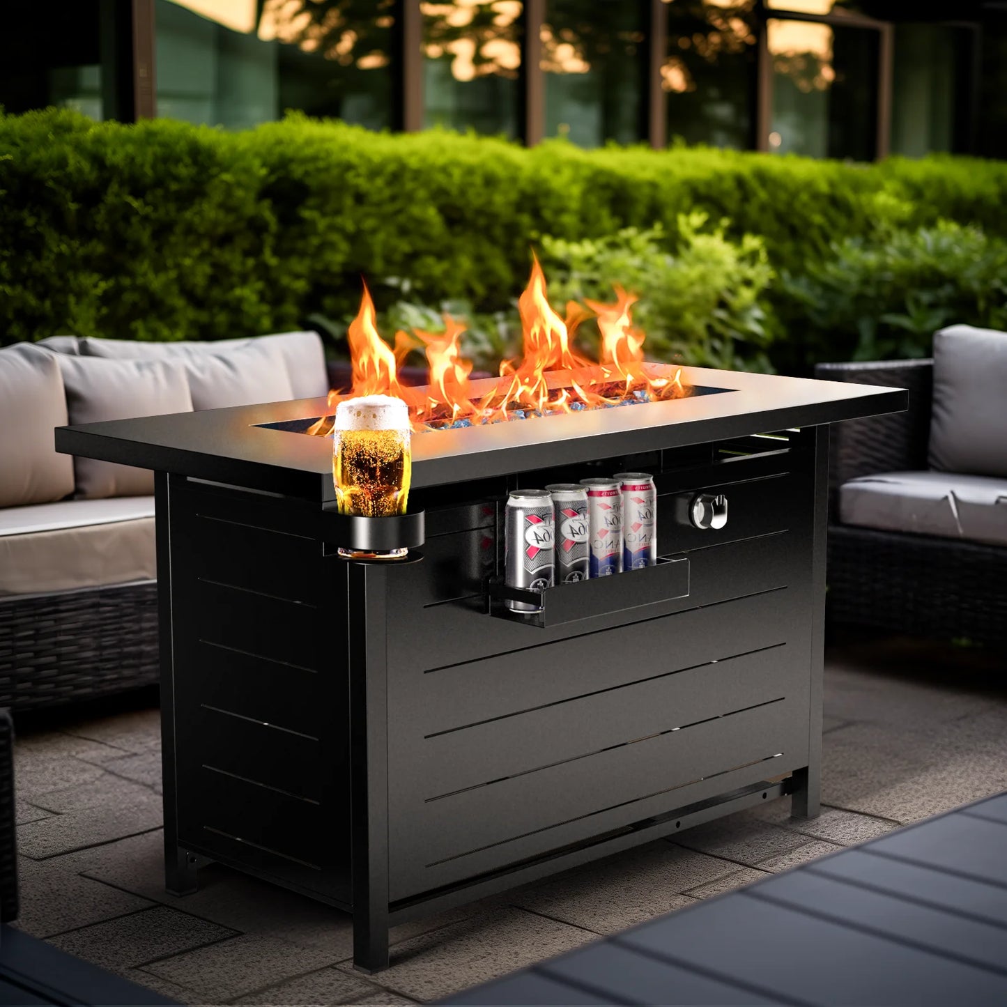 Hausora Garden 43" Propane Fire Pits for outside 60,000 BTU Gas Fire Pit Table for outside with Lid , Glass Beads, Cup Holders, Hanging Shelf & Nylon Cover, Rectangle