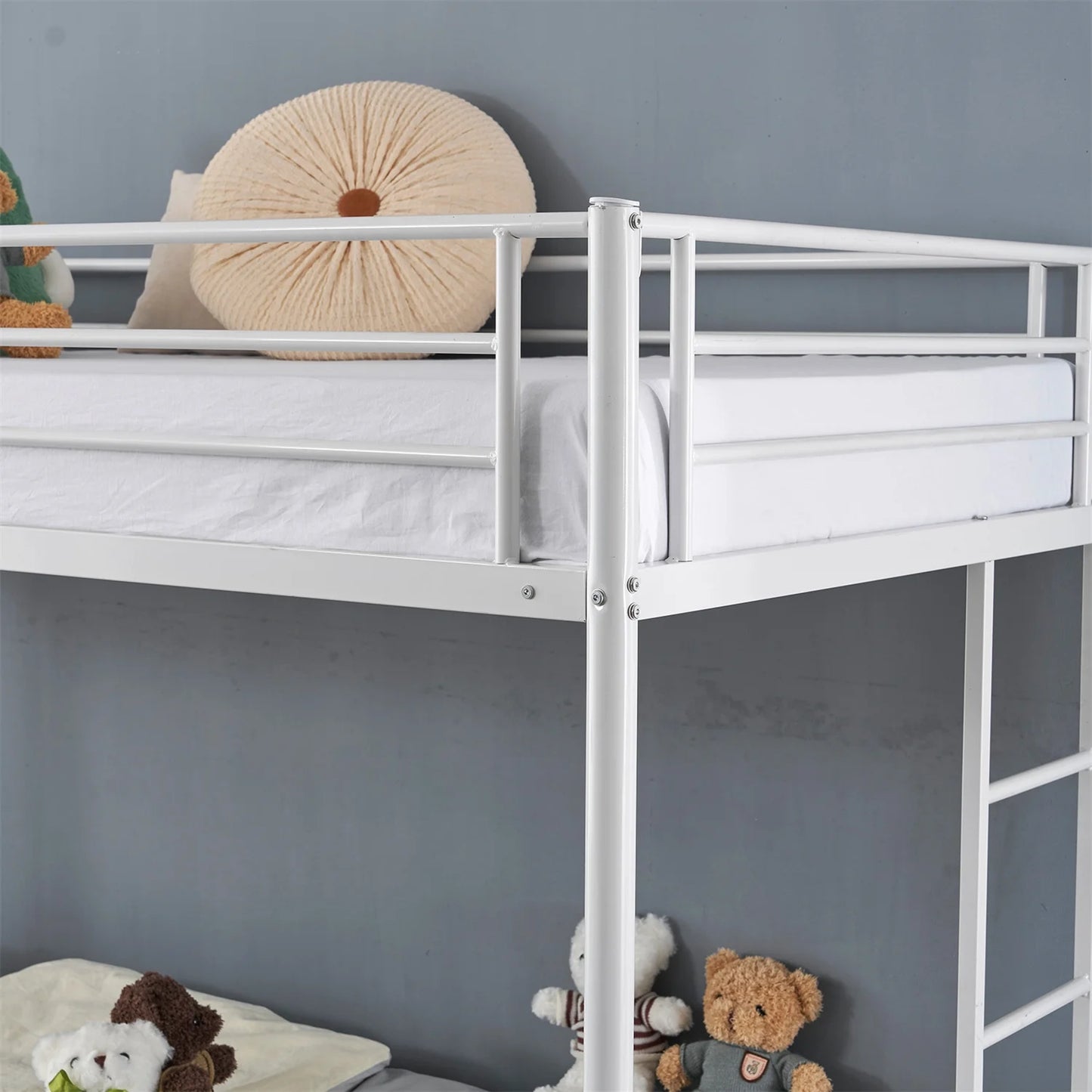 Hausora Kids Twin over Twin Bunk Bed with Trundle, Heavy Duty Metal Bed Frame with Safety Rail Side Ladders for Dormitory Bedroom Boys Girls Adults,No Box Spring Needed (White)