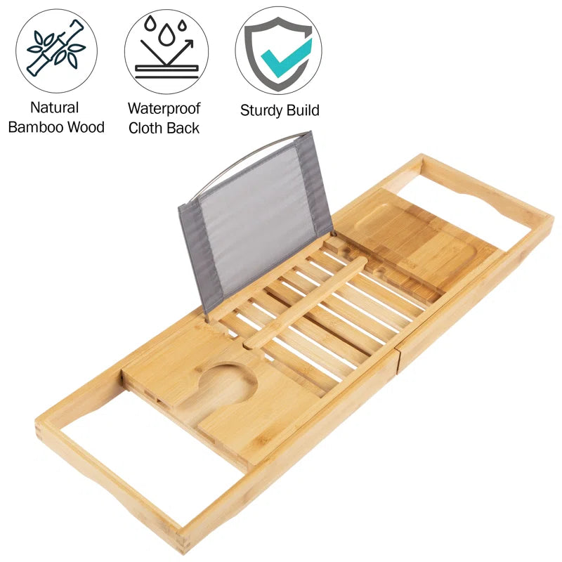 Hausora Bathroom Bamboo Bathtub Tray - Wood Bath Caddy with Book, Phone, or Tablet Rest, Cup Holder, and Extended Sides for Bath Accessories