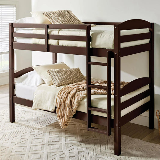 Hausora Kids Solid Wood Twin-Over-Twin Convertible Bunk Bed, Mocha