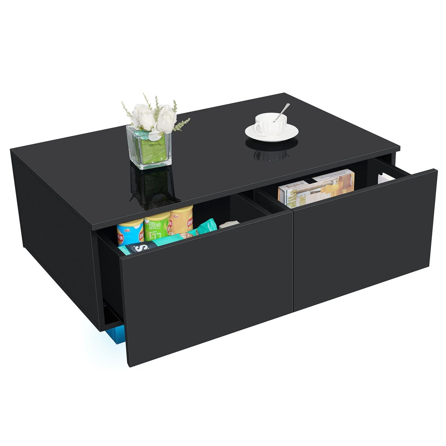 Hausora Living Room LED Coffee Table with 4 Drawers Center Cocktail Side Table Black High Gloss Finish