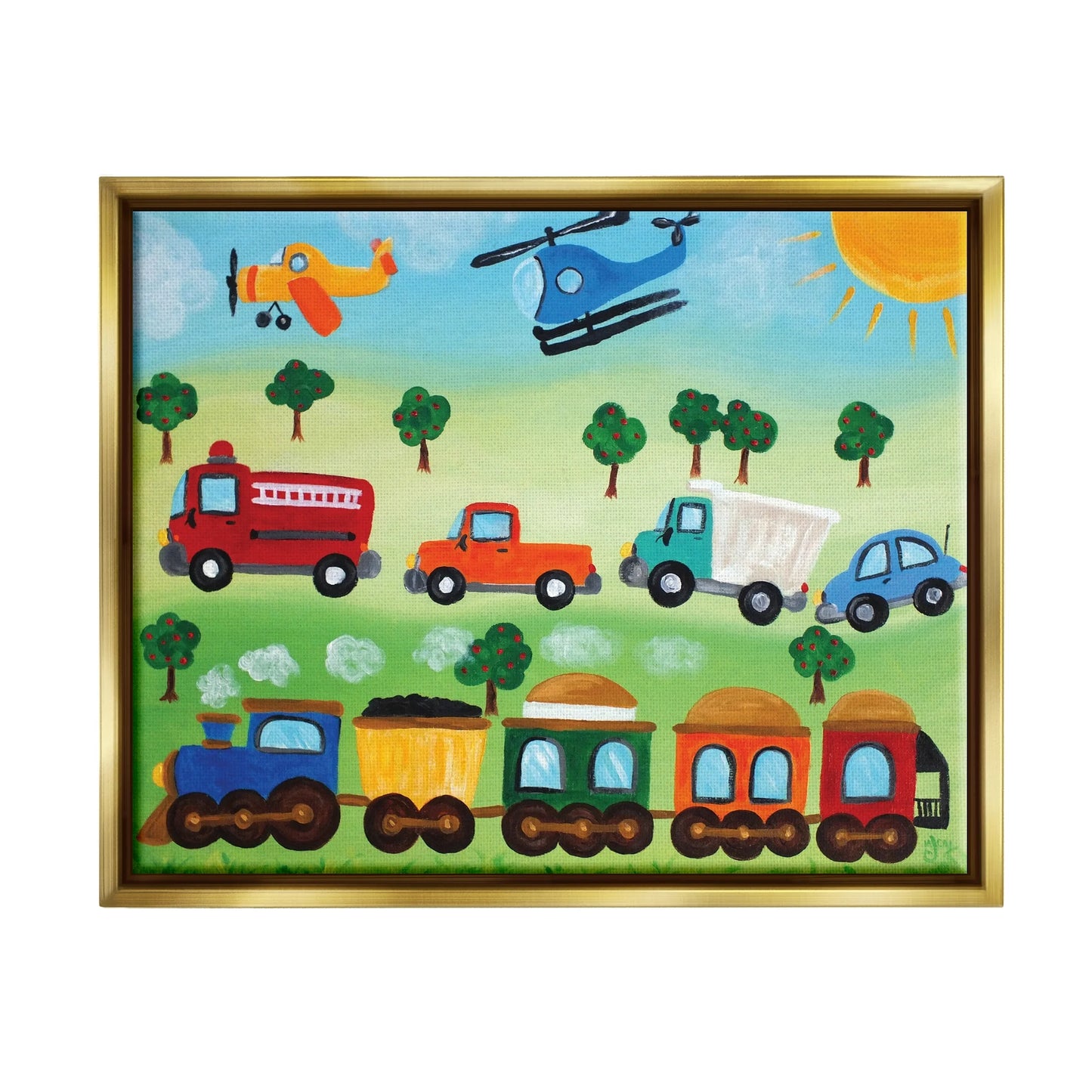 HausoraKids Room Planes, Trains, and Automobiles Metallic Gold Framed Floating Canvas Wall Art, 24X30