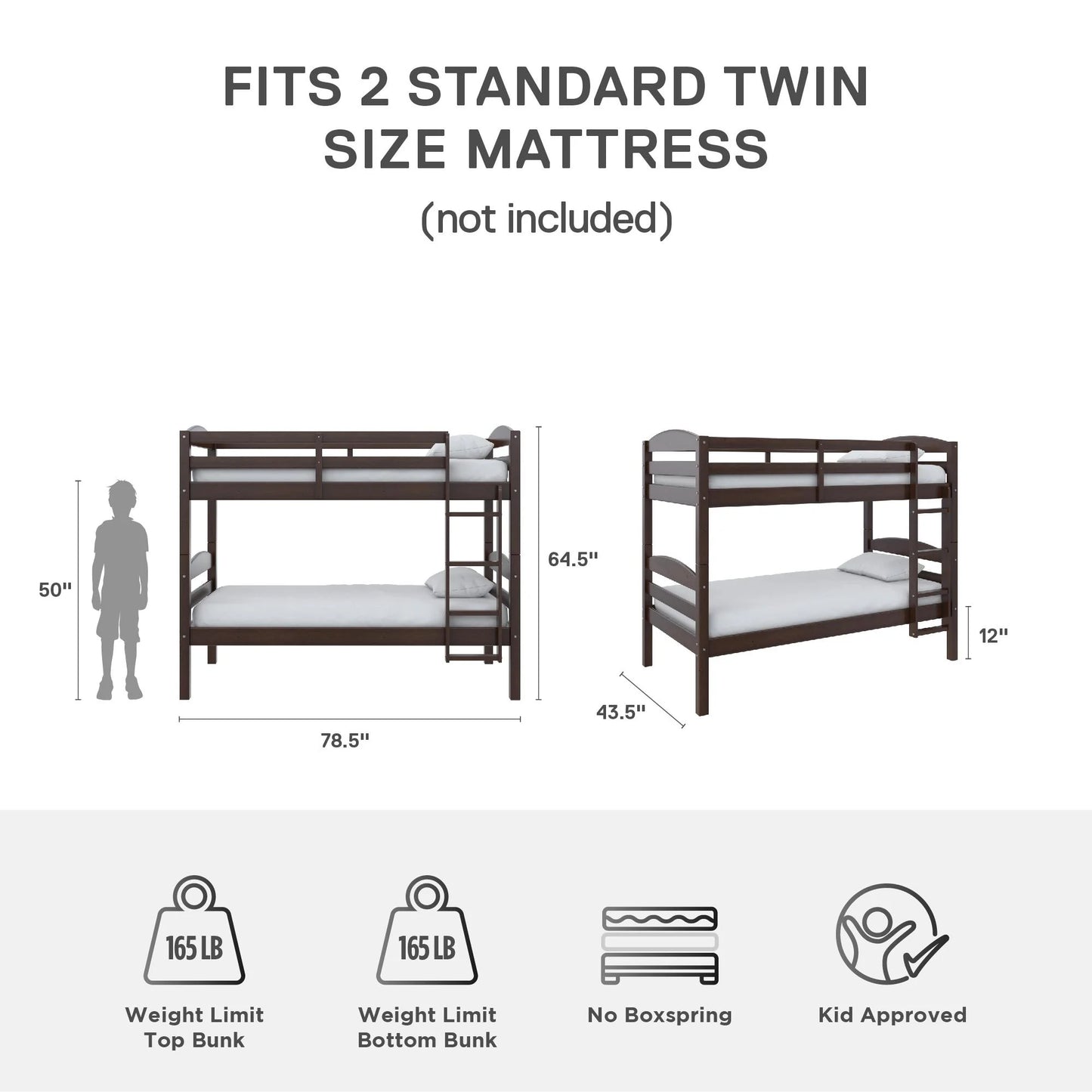 Hausora Kids Solid Wood Twin-Over-Twin Convertible Bunk Bed, Mocha